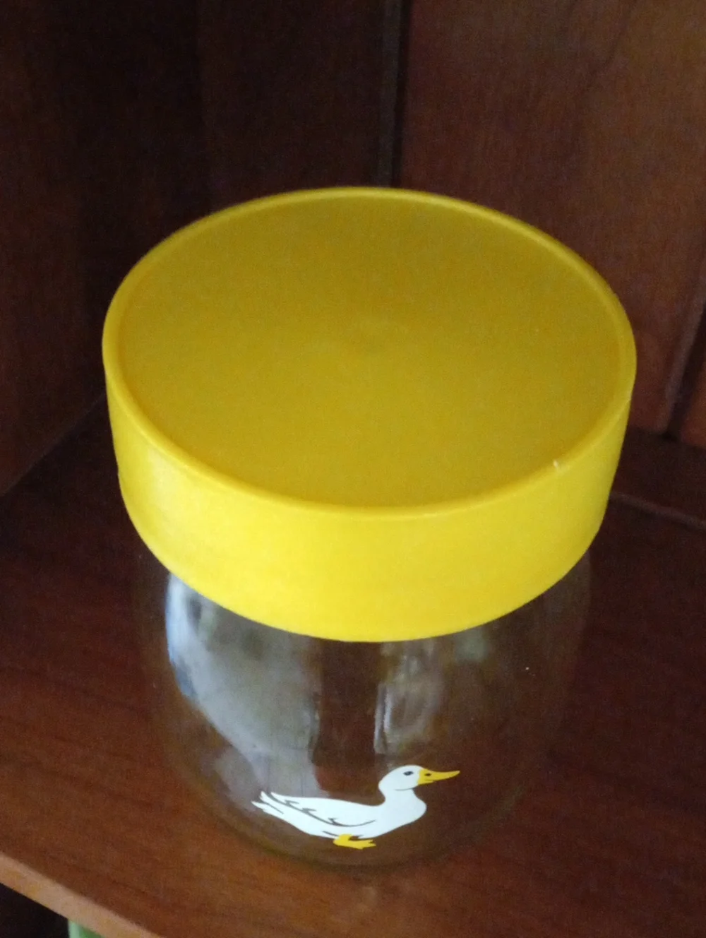 Vintage Carlton Yellow-Lidded Glass Jar with Duck Graphics